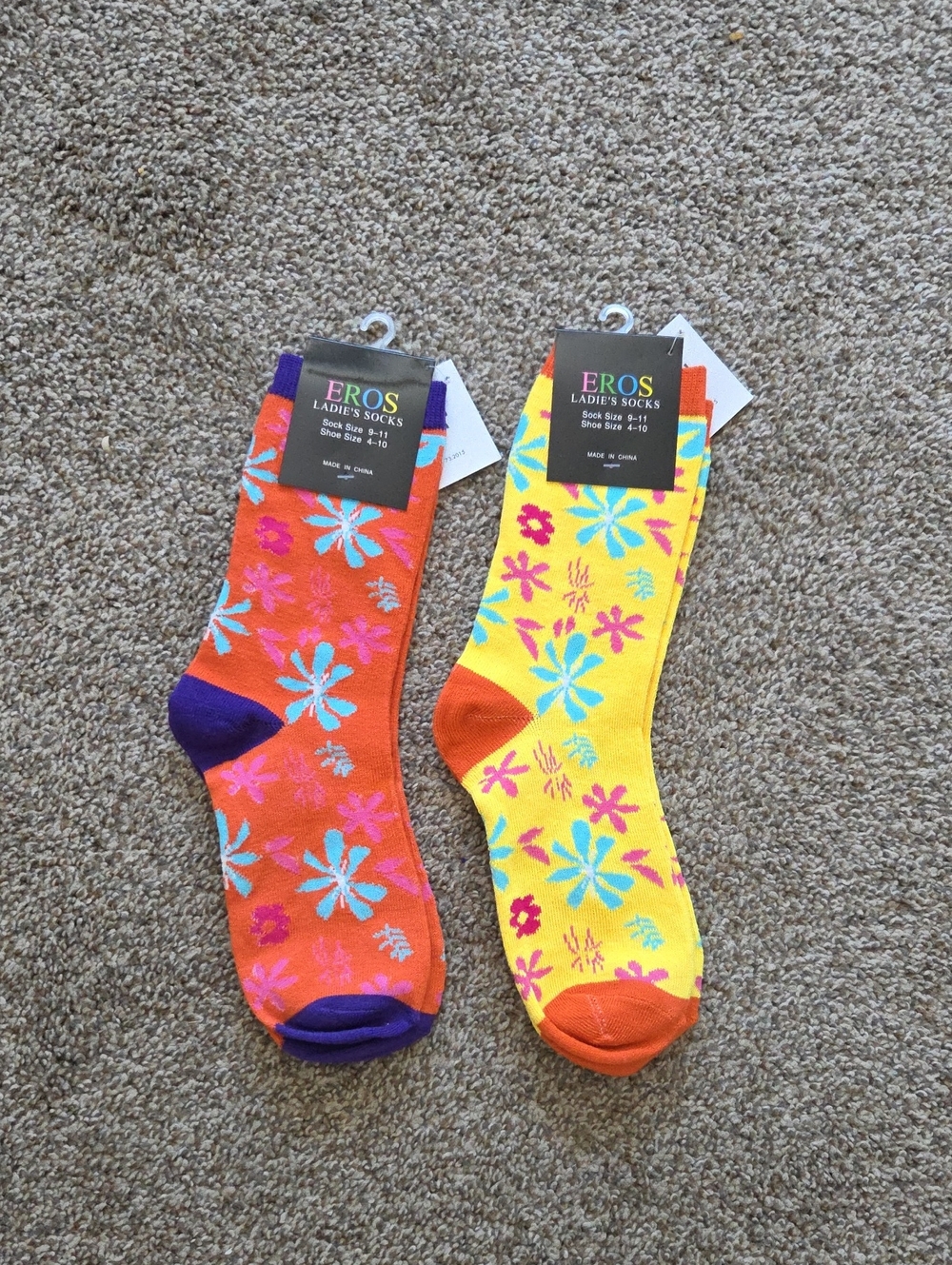 Bundle/2 Pairs EROS Ladies Floral Crew Socks - Orange & Yellow